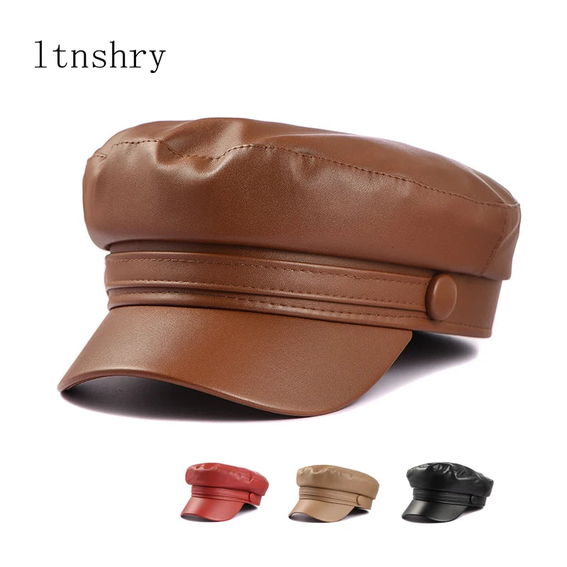 Spring Autumn leather Military Cap hat Army beret Femme hat Women Black berets caps for women sombrero mujer flat Hats