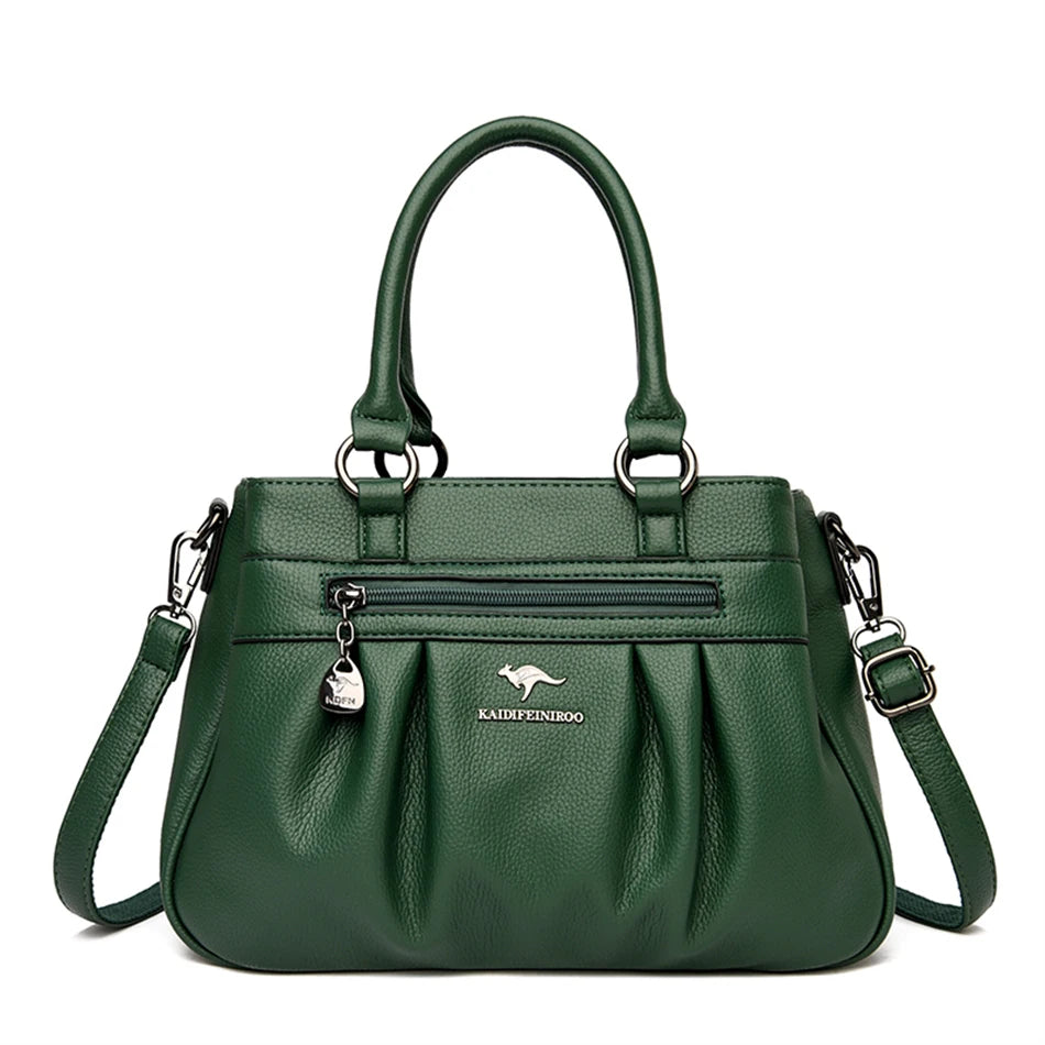 High Quality Leather Handbags Purse Luxury 3 Layers Women Shoulder Croosbody Tote Large Capacity Top-handle Female Ruched Sac