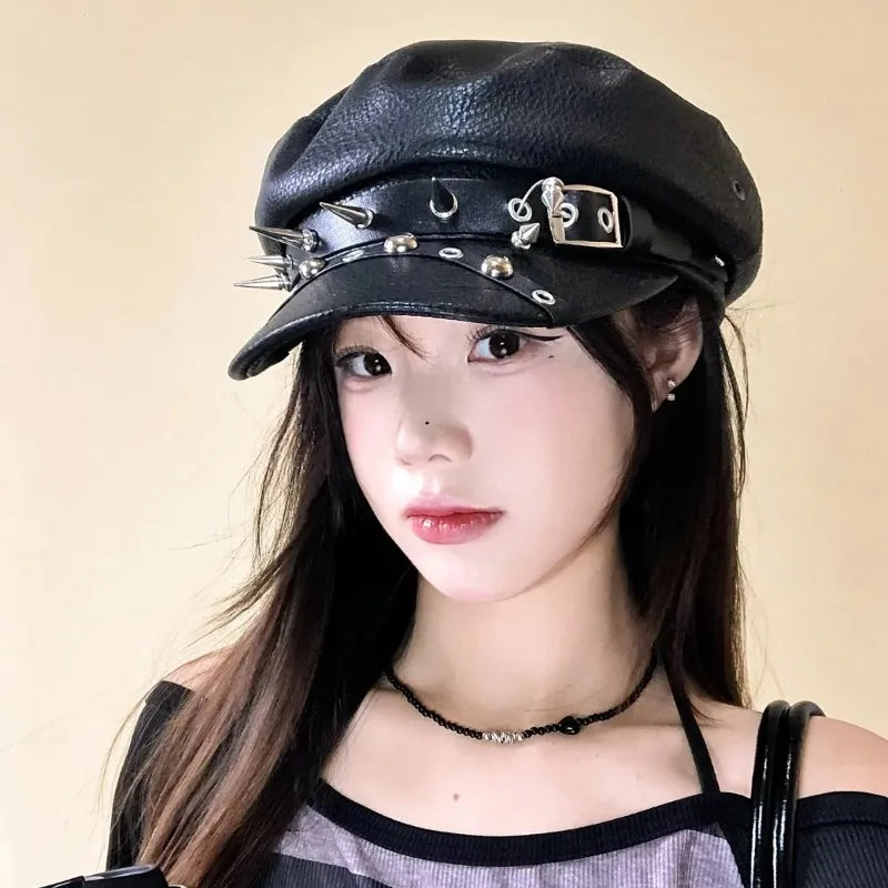 Gothic Punk Faux Leather Military Cap Spiked Studded Cadet Hat with Buckle Strap Retro Biker Captain Hat for Cosplay Rock Party