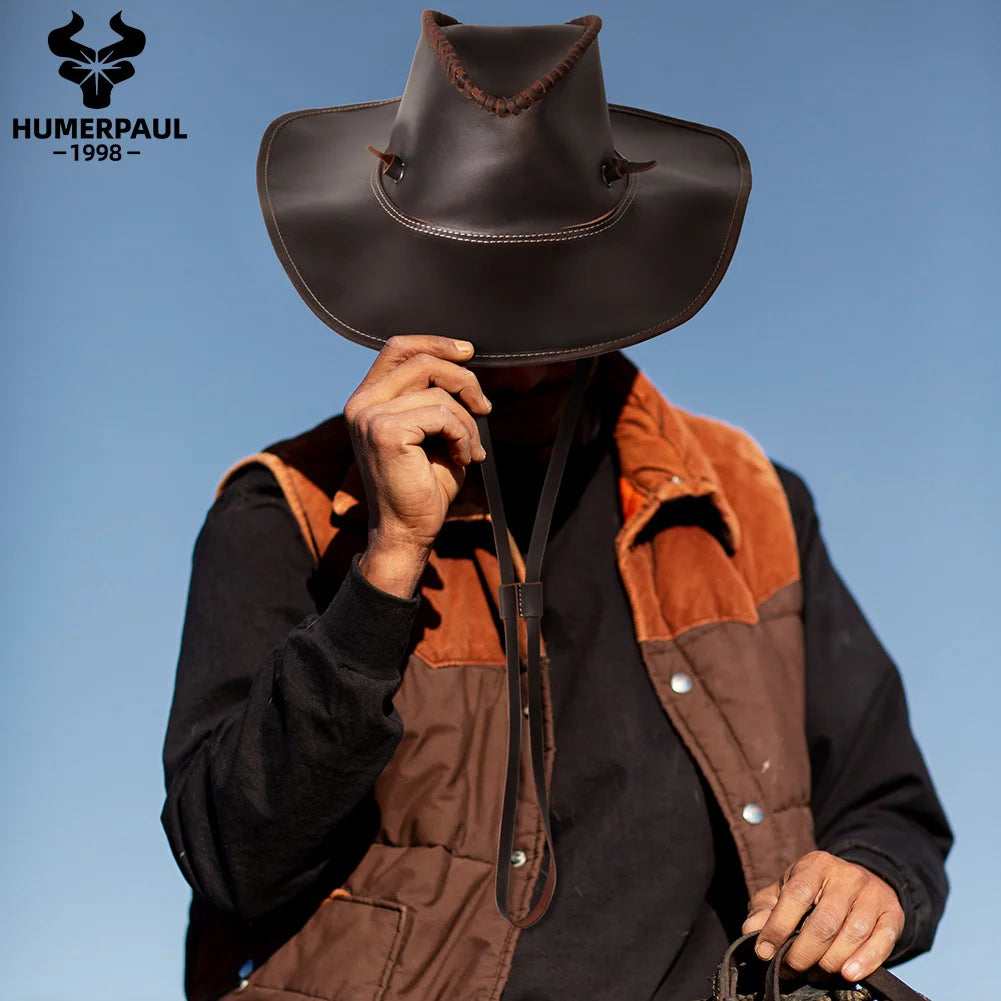 Handcraft Shapeable Western Cowboy Hat Crazy Horse Leather Retro Knight's Cap British Outdoor  Horse Riding Hat Old Style