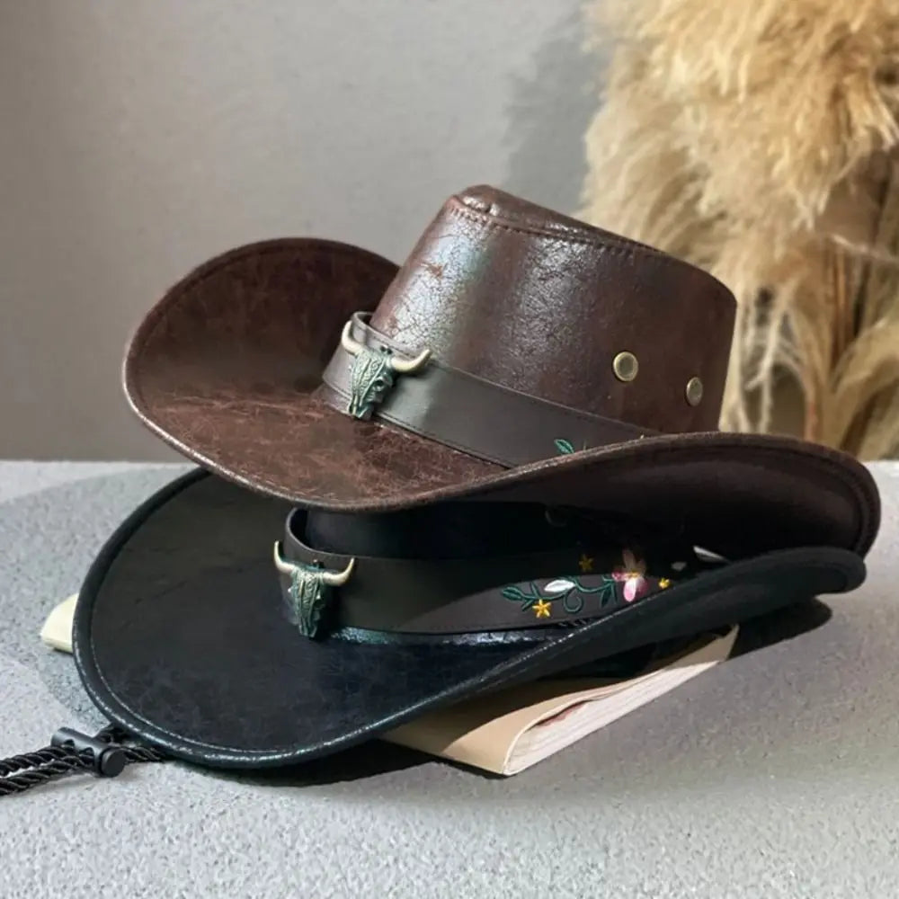 PU Leather Western Cowboy Hat Drawstring Outdoor Travel Hat Sunscrean Bucket Cap Panama Hat Cowgirl Hat Fisherman Hat