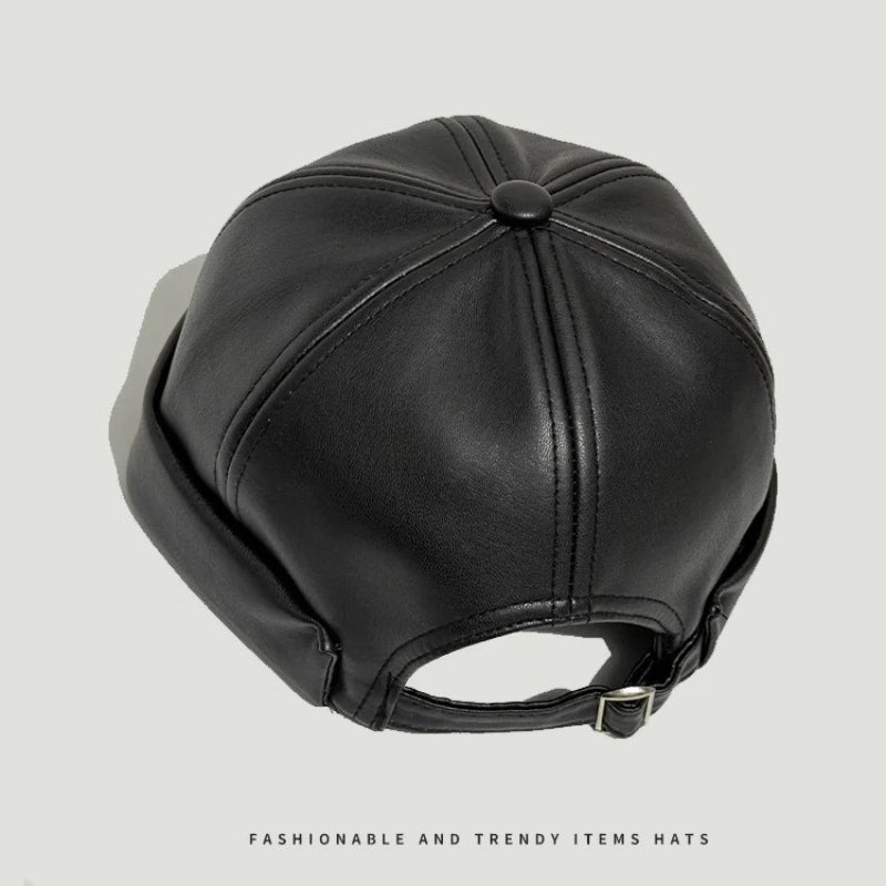 PU Leather Driver Hat Retro Round Top No Brim Japanese Style Skull Cap for Daily Hiphop Street Fashion Unisex for Men and Women