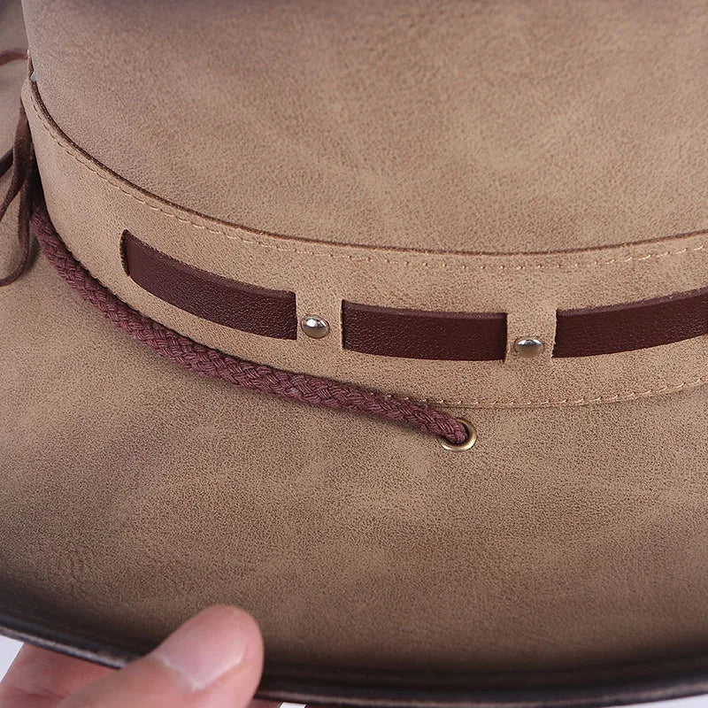 Black Leather Sombrero hombres Western Cowboy Hat Men's Gentleman Godfather Hat PU Material Panama Cowboy Hat Jazz Hat