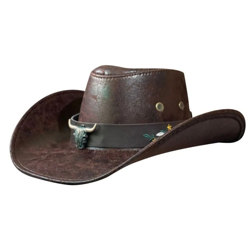 PU Leather Western Cowboy Hat Drawstring Outdoor Travel Hat Sunscrean Bucket Cap Panama Hat Cowgirl Hat Fisherman Hat
