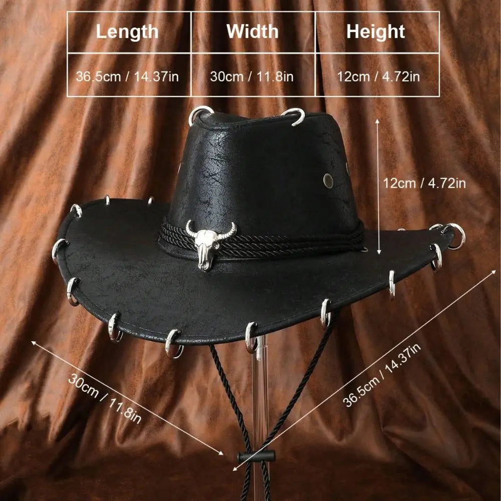 Fashion Wide Brim Western Cowboy Hat Pu Leather Ethnic Style Panama Cap Punk Solid Color Jazz Hat Ladies