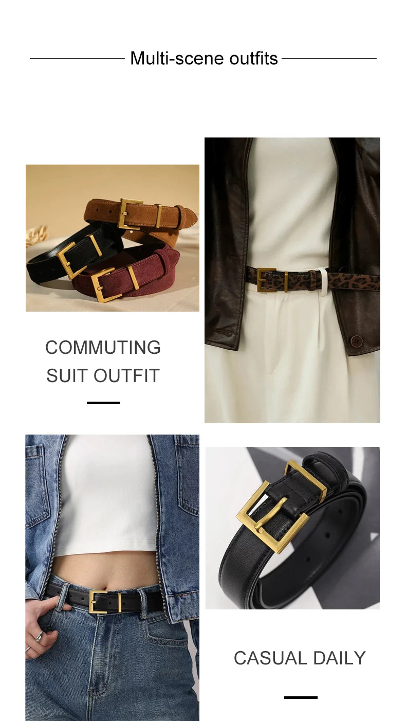 New Luxury Cowhide Leather Belt for Women Adjustable Square Alloy Buckle Waist Belt For Jeans Dress Daily Office Outfit