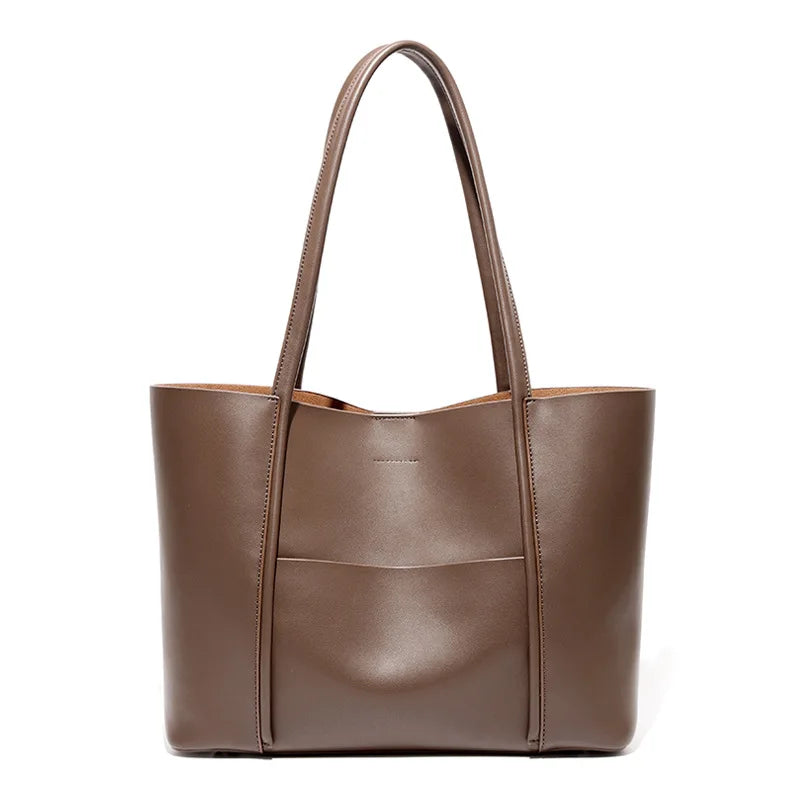 Genuine Leather Tote Bag for Women Commute Large Bag with Detachable Pouch & Shoulder Strap Logo-Free Minimalist Quiet Luxury