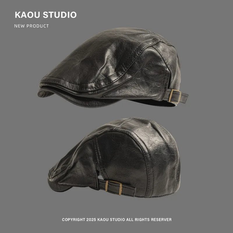American Retro Leather Forward Hat Men's and Women's Autumn and Winter British Big Head Short Brim Literary Newsboy Caps