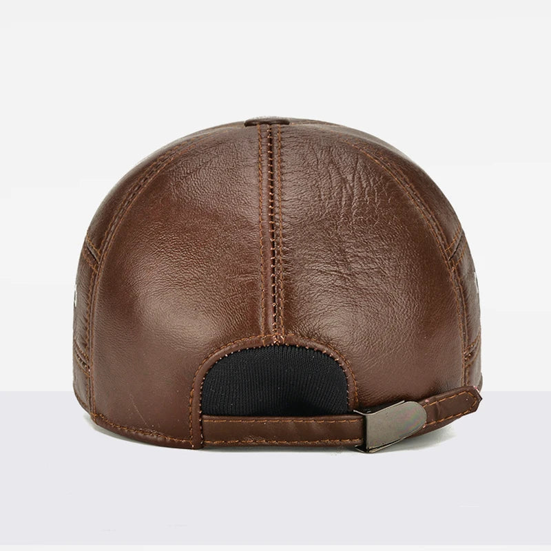 2026 New Style Men Cowhide Hat Winter Warm Outdoor Protect Ear Real Leather Adjustable Baseball Cap Men Real Cowhide Leather Cap