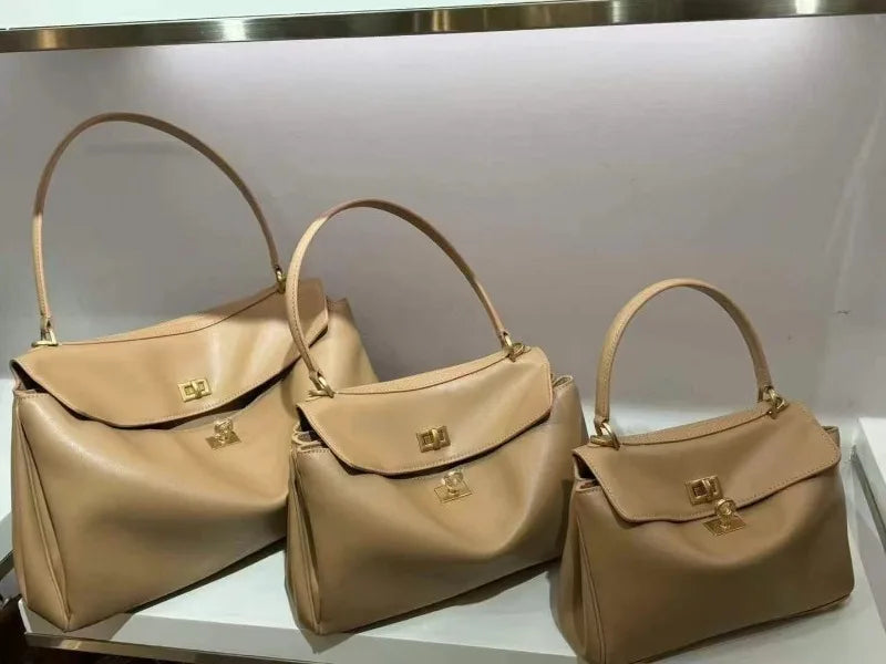Genuine Leather Tote Bag with Buckle Closure, Large Capacity Underarm Shoulder Bag Designer Handbag Crossbody Purse for Women