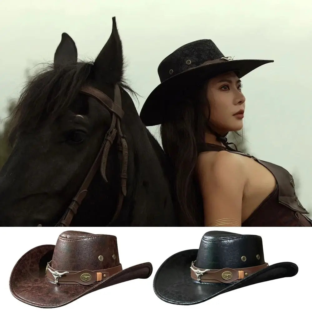 Fashion Bull Head Buckle Western Cowboy Hat Vintage Retro Faux Leather Cowboy Hat Wide Brim Sun Hat For Men Women Unisex