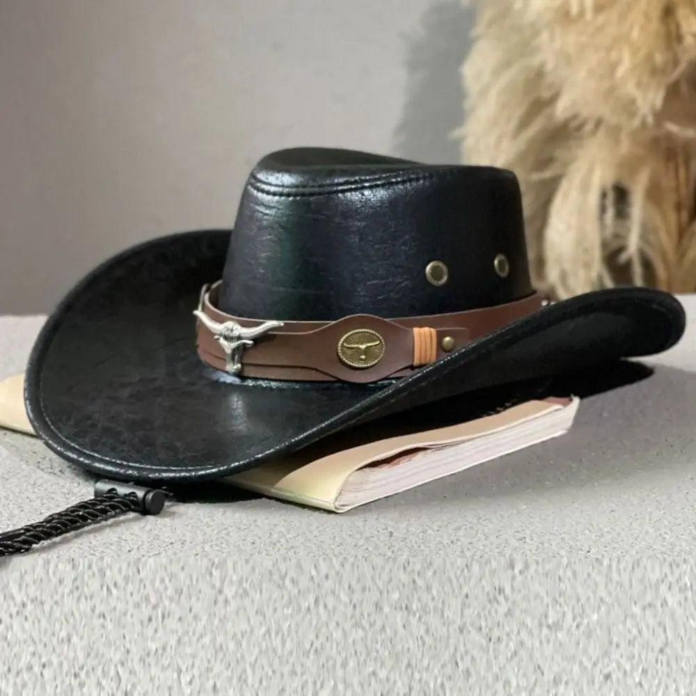 Fashion Bull Head Buckle Western Cowboy Hat Vintage Retro Faux Leather Cowboy Hat Wide Brim Sun Hat For Men Women Unisex