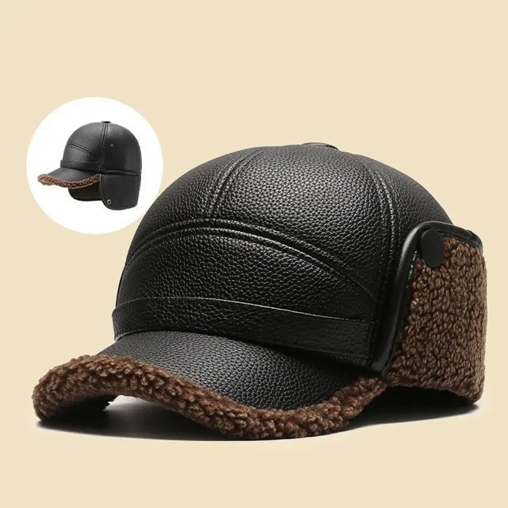 Leather Hat Winter Waterproof Thicken Earmuffs Warm Russian Ski Hat Windproof Cold Flat Cap For Elder Men Women Essential Winter