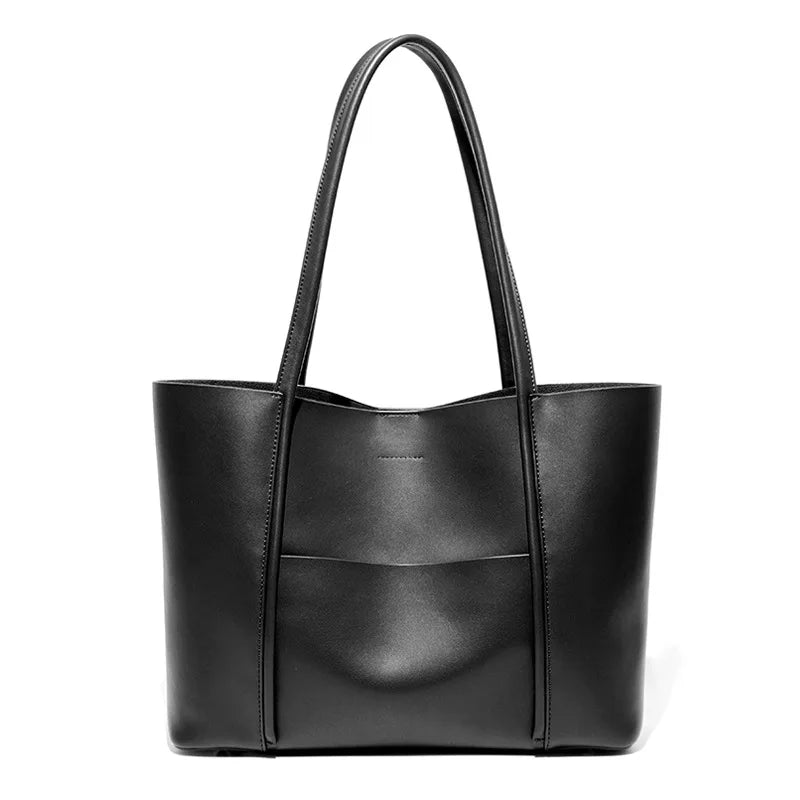 Genuine Leather Tote Bag for Women Commute Large Bag with Detachable Pouch & Shoulder Strap Logo-Free Minimalist Quiet Luxury