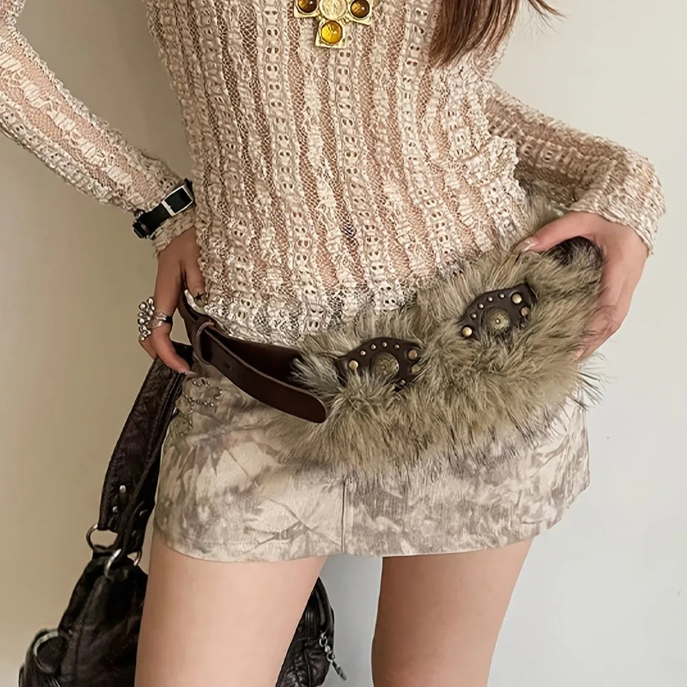 Fashion Women's Faux Fur Belt Rivet Leather Belts for Pants and Coats Brown and Black Y2K Girls' Belt
