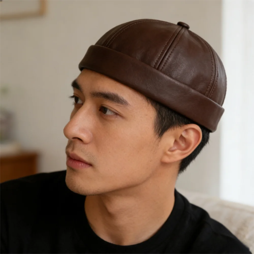 Casual Leather Brimless Round Landlord Hat Solid Color Retro Melon Skin Hat Simplicity Adjustable Trendy Cap Winter