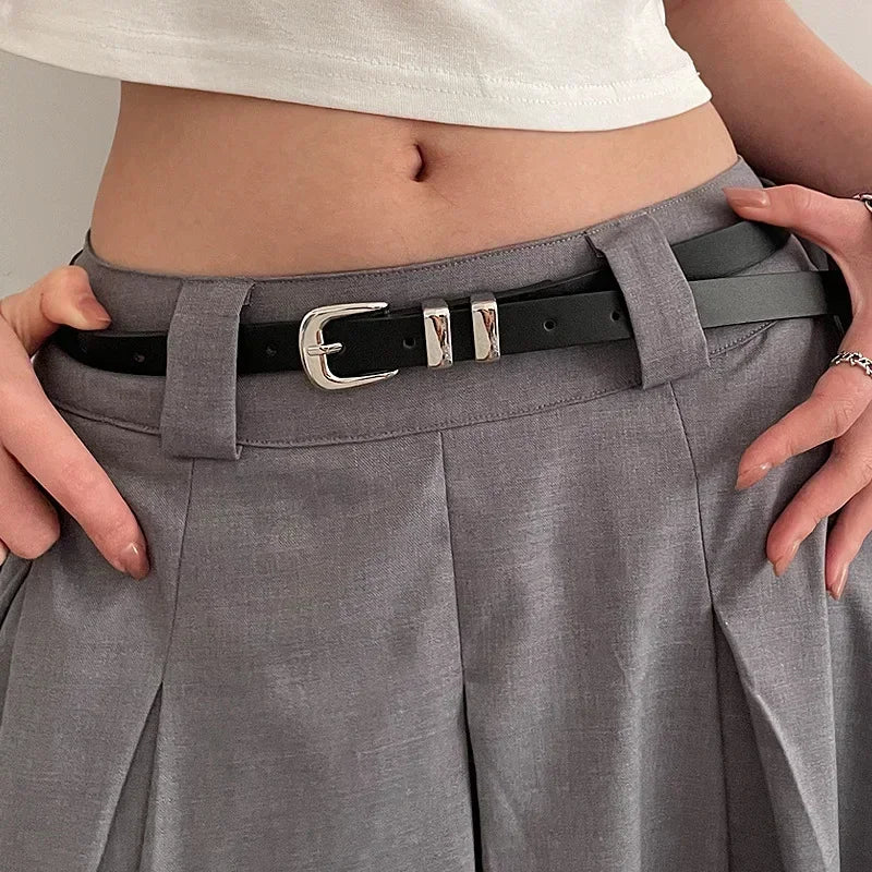 Minimalist Style Belts for Woman Simple Solid Color Versatile Belts Silver Color Plating Metal Buckle Fashionable Belts