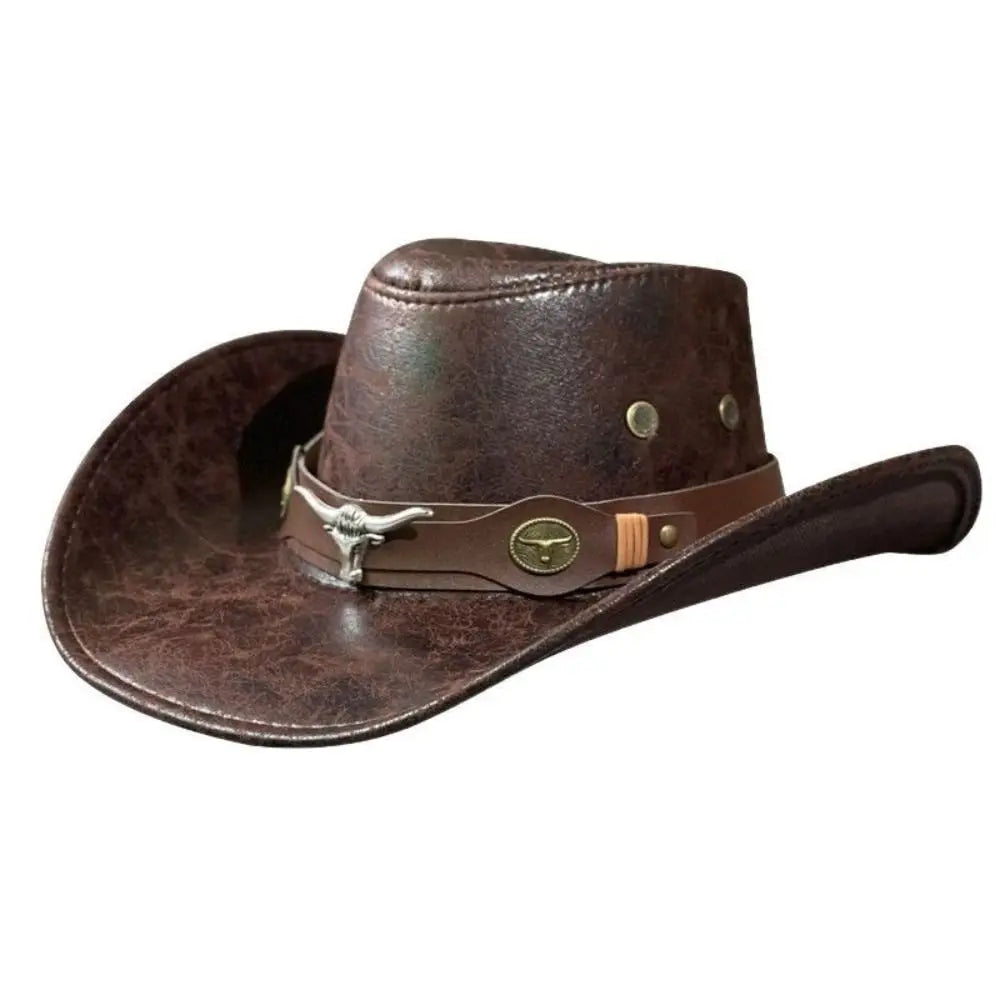 Fashion Bull Head Buckle Western Cowboy Hat Vintage Retro Wide Brim Sun Hat Faux Leather Cowboy Hat For Men Women Unisex