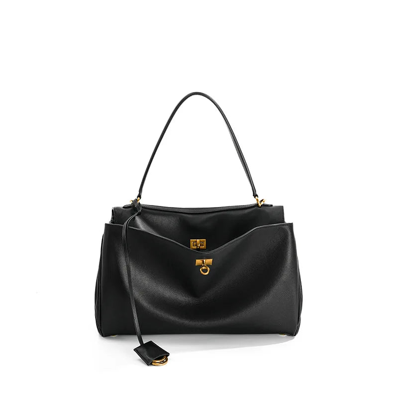 Genuine Leather Tote Bag with Buckle Closure, Large Capacity Underarm Shoulder Bag Designer Handbag Crossbody Purse for Women