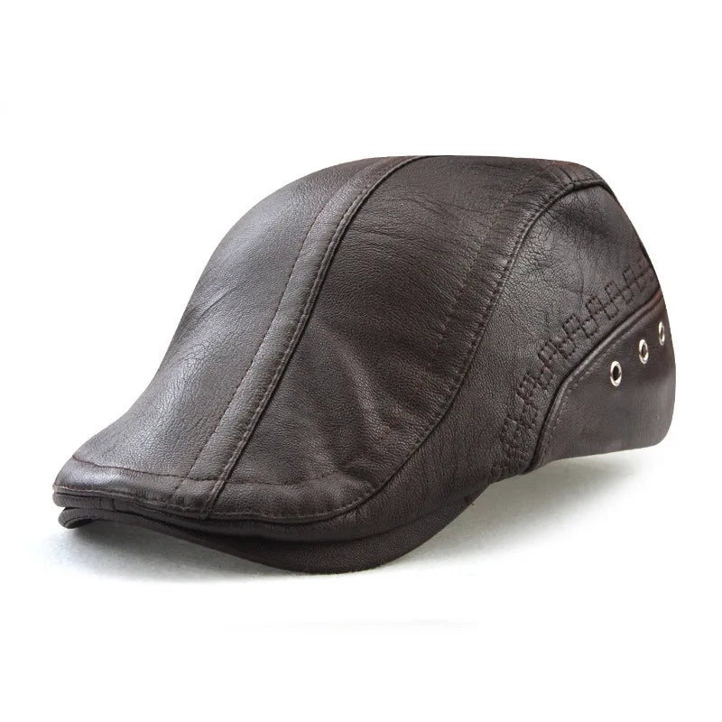 PU Leather Beret Hats Men Autumn Winter Faux Leather Herringbone Visor Middle-aged Men's Warm Flat Peaked Cap Adjustable