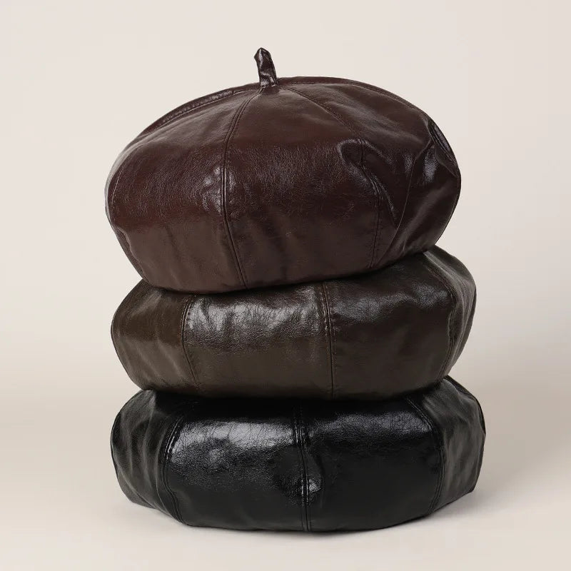 Faux Leather Beret Women Hat Cap Autumn Winter Warm Accessory For Outdoor Spring