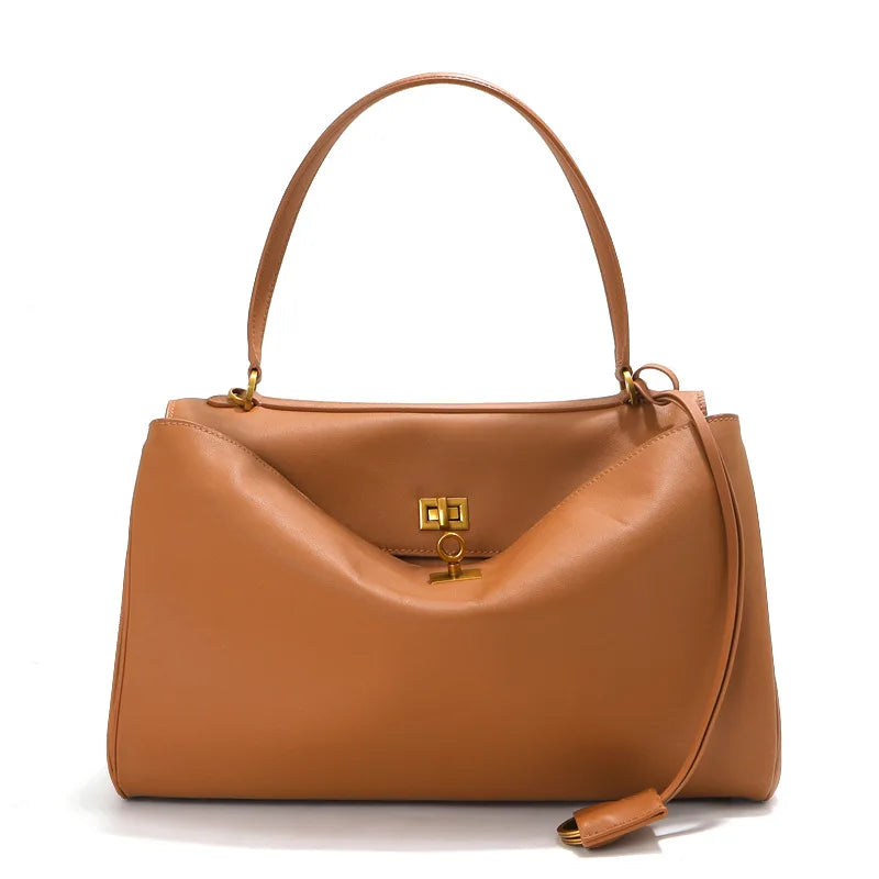 Genuine Leather Tote Bag with Buckle Closure, Large Capacity Underarm Shoulder Bag Designer Handbag Crossbody Purse for Women