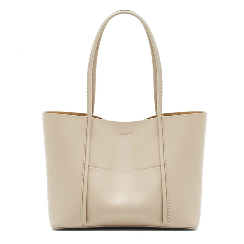 Genuine Leather Tote Bag for Women Commute Large Bag with Detachable Pouch & Shoulder Strap Logo-Free Minimalist Quiet Luxury