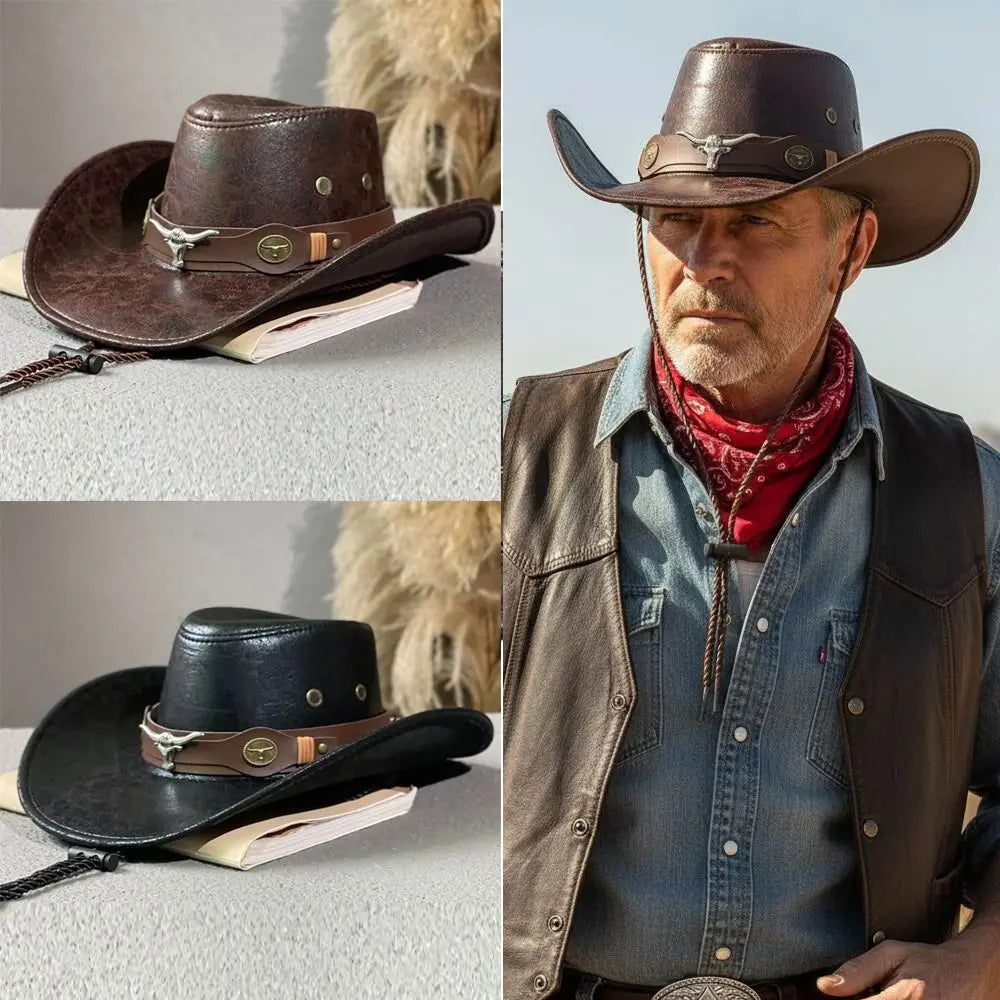 Fashion Bull Head Buckle Western Cowboy Hat Vintage Retro Wide Brim Sun Hat Faux Leather Cowboy Hat For Men Women Unisex