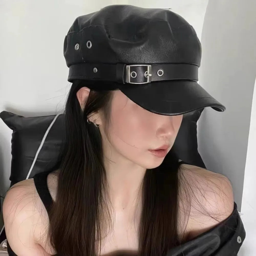 Classic Flat Top Beret Hat Black PU Leather Sailor Visor Hat Punk Style Adjustable Painter Hat