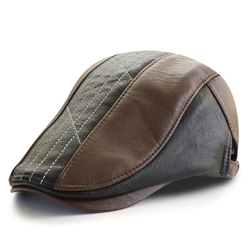 PU Leather Beret Hats Men Autumn Winter Faux Leather Herringbone Visor Middle-aged Men's Warm Flat Peaked Cap Adjustable