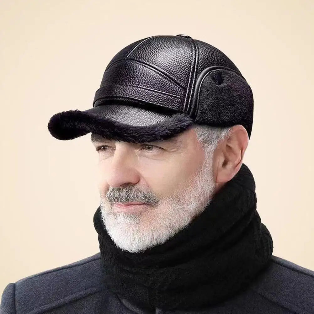 Leather Hat Winter Waterproof Thicken Earmuffs Warm Russian Ski Hat Windproof Cold Flat Cap For Elder Men Women Essential Winter