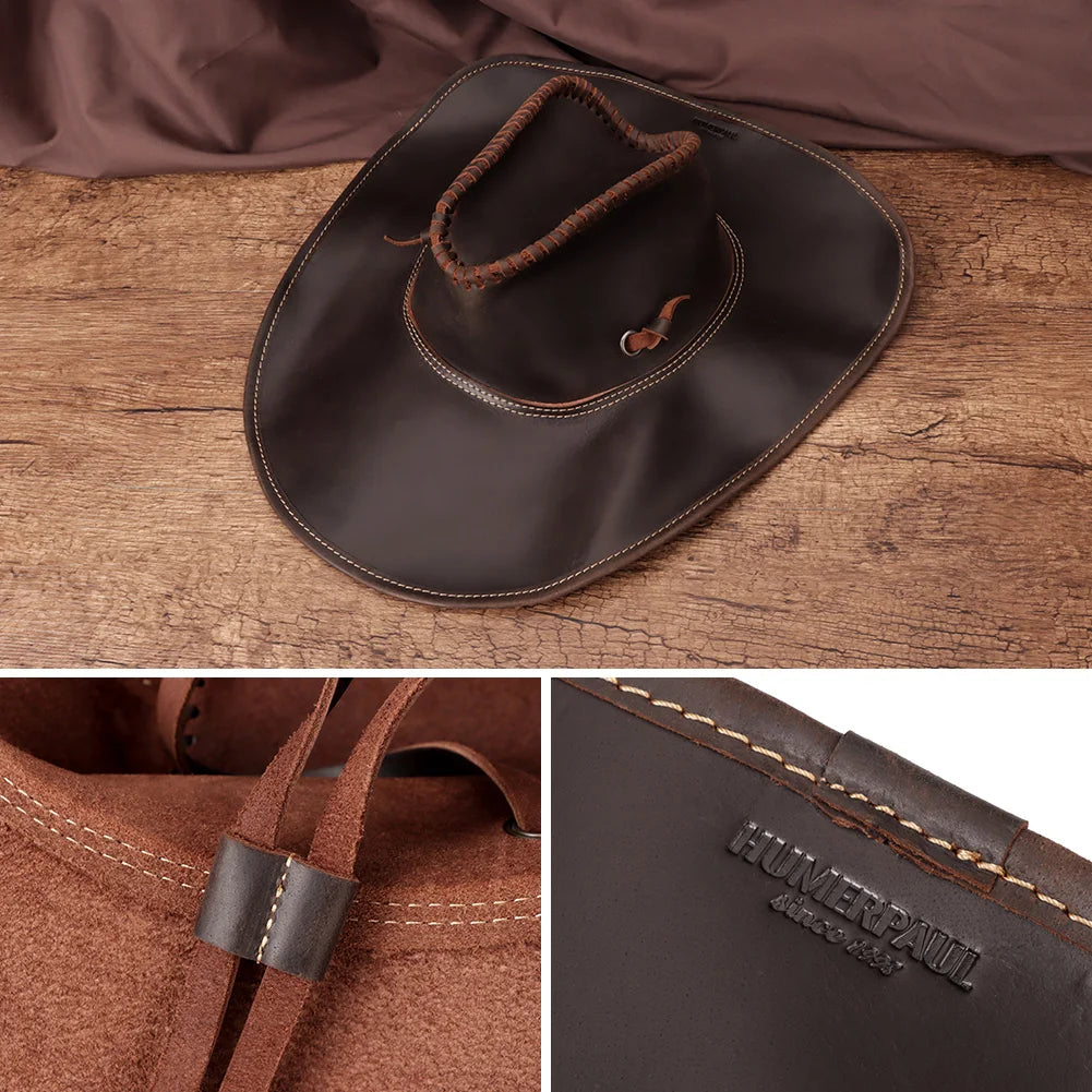 Handcraft Shapeable Western Cowboy Hat Crazy Horse Leather Retro Knight's Cap British Outdoor  Horse Riding Hat Old Style