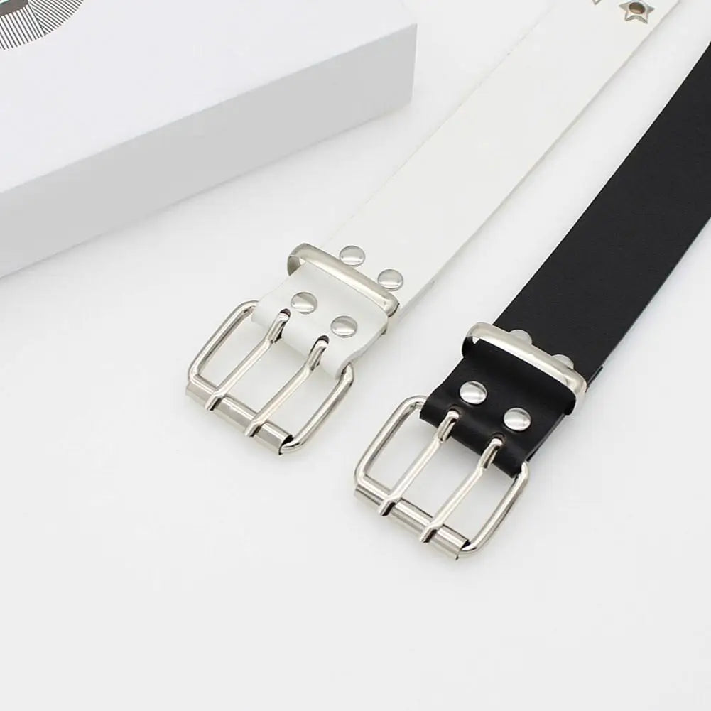 Y2K Punk Rivet Leather Belts  Star PU Black White Waist Strap Double Row Hollow For Jeans Skirt Decor Gothic Waistband