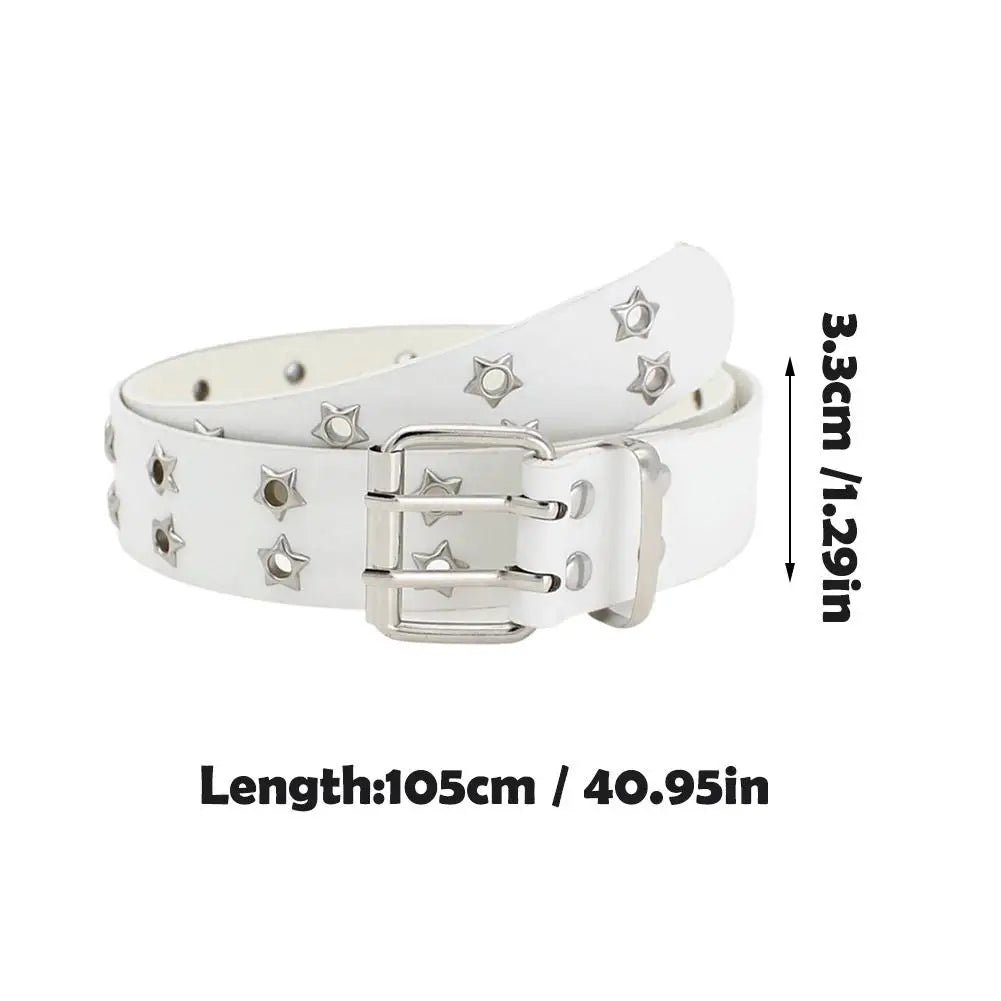 Y2K Punk Rivet Leather Belts  Star PU Black White Waist Strap Double Row Hollow For Jeans Skirt Decor Gothic Waistband