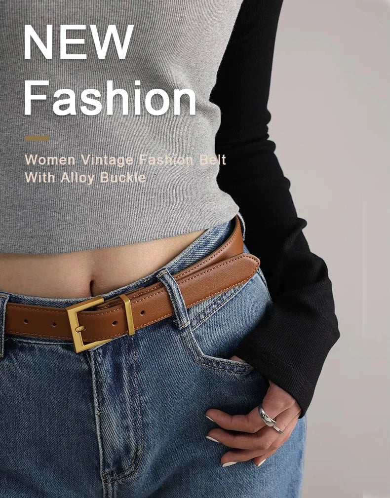 New Luxury Cowhide Leather Belt for Women Adjustable Square Alloy Buckle Waist Belt For Jeans Dress Daily Office Outfit