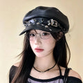 Gothic Punk Faux Leather Military Cap Spiked Studded Cadet Hat with Buckle Strap Retro Biker Captain Hat for Cosplay Rock Party