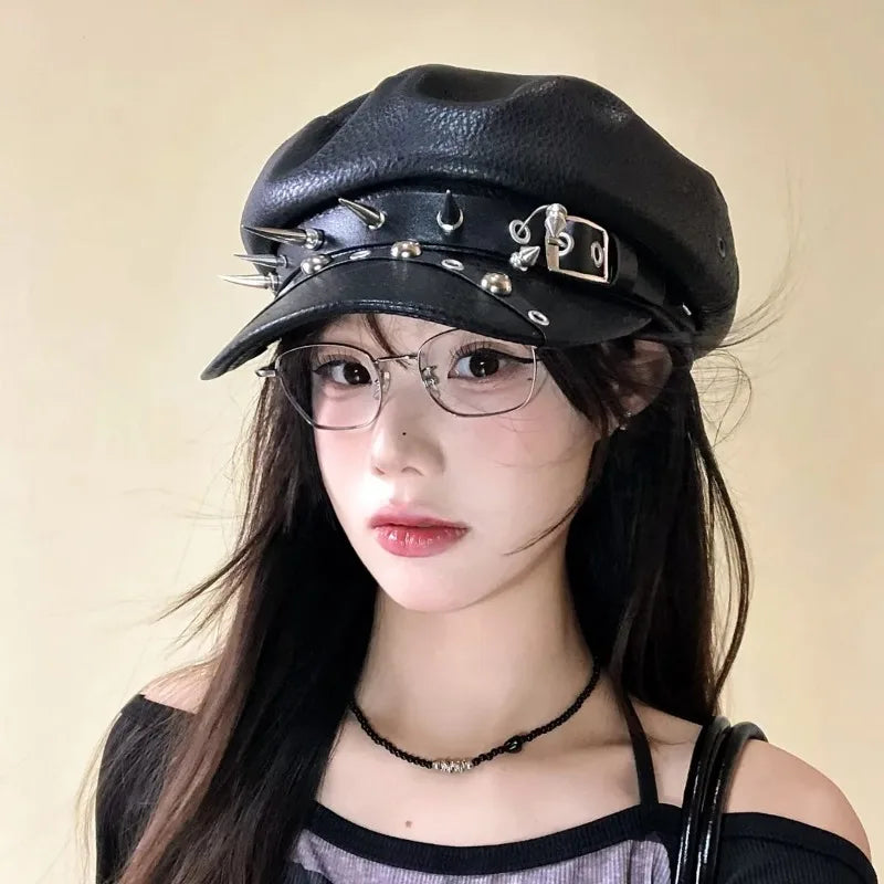 Gothic Punk Faux Leather Military Cap Spiked Studded Cadet Hat with Buckle Strap Retro Biker Captain Hat for Cosplay Rock Party