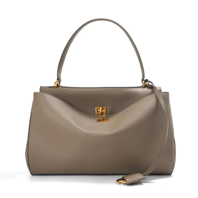 Genuine Leather Tote Bag with Buckle Closure, Large Capacity Underarm Shoulder Bag Designer Handbag Crossbody Purse for Women
