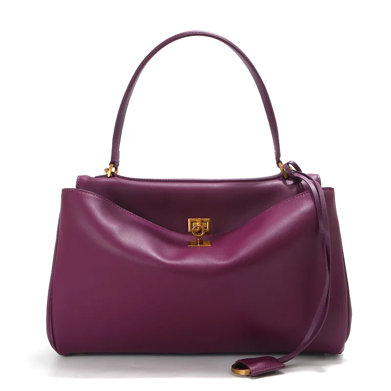 Genuine Leather Tote Bag with Buckle Closure, Large Capacity Underarm Shoulder Bag Designer Handbag Crossbody Purse for Women