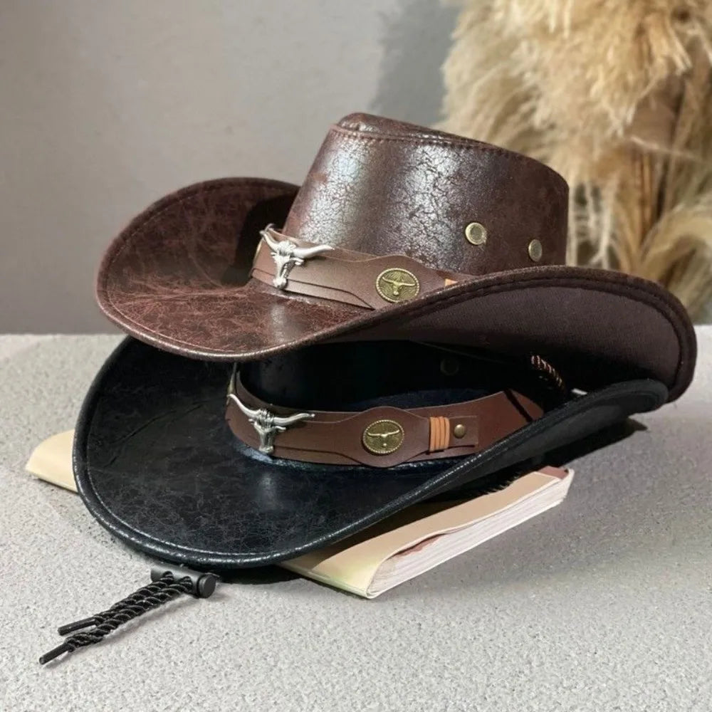 Fashion Bull Head Buckle Western Cowboy Hat Vintage Retro Faux Leather Cowboy Hat Sun Protection Hat For Men Women Unisex