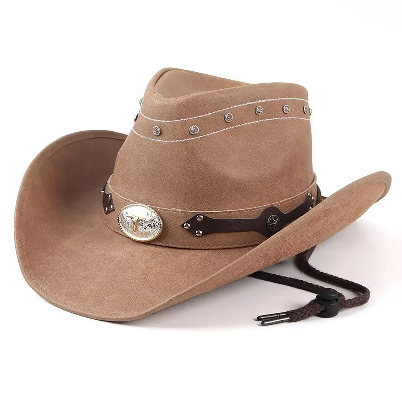 Classic Western Men's Cowboy Hat Women Cowgirl Cap Faux Leather Black Outdoor Gentleman Sombrero Hombre With Windproof Rope