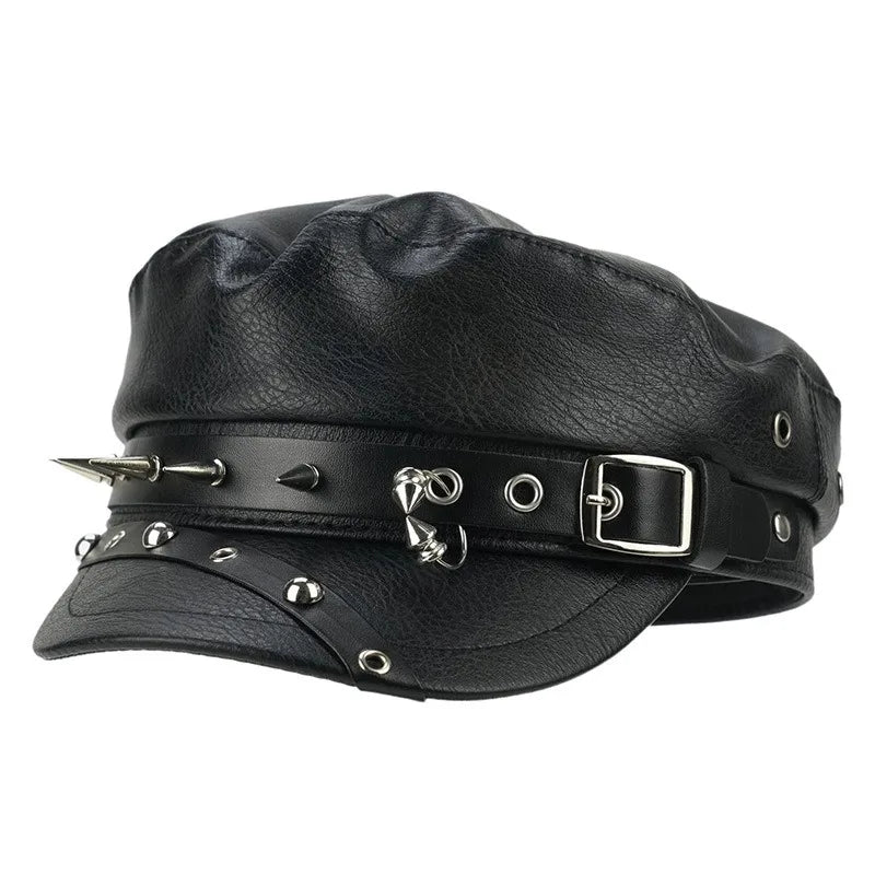 Gothic Punk Faux Leather Military Cap Spiked Studded Cadet Hat with Buckle Strap Retro Biker Captain Hat for Cosplay Rock Party