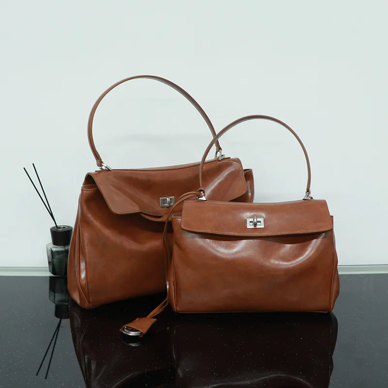 Genuine Leather Tote Bag with Buckle Closure, Large Capacity Underarm Shoulder Bag Designer Handbag Crossbody Purse for Women