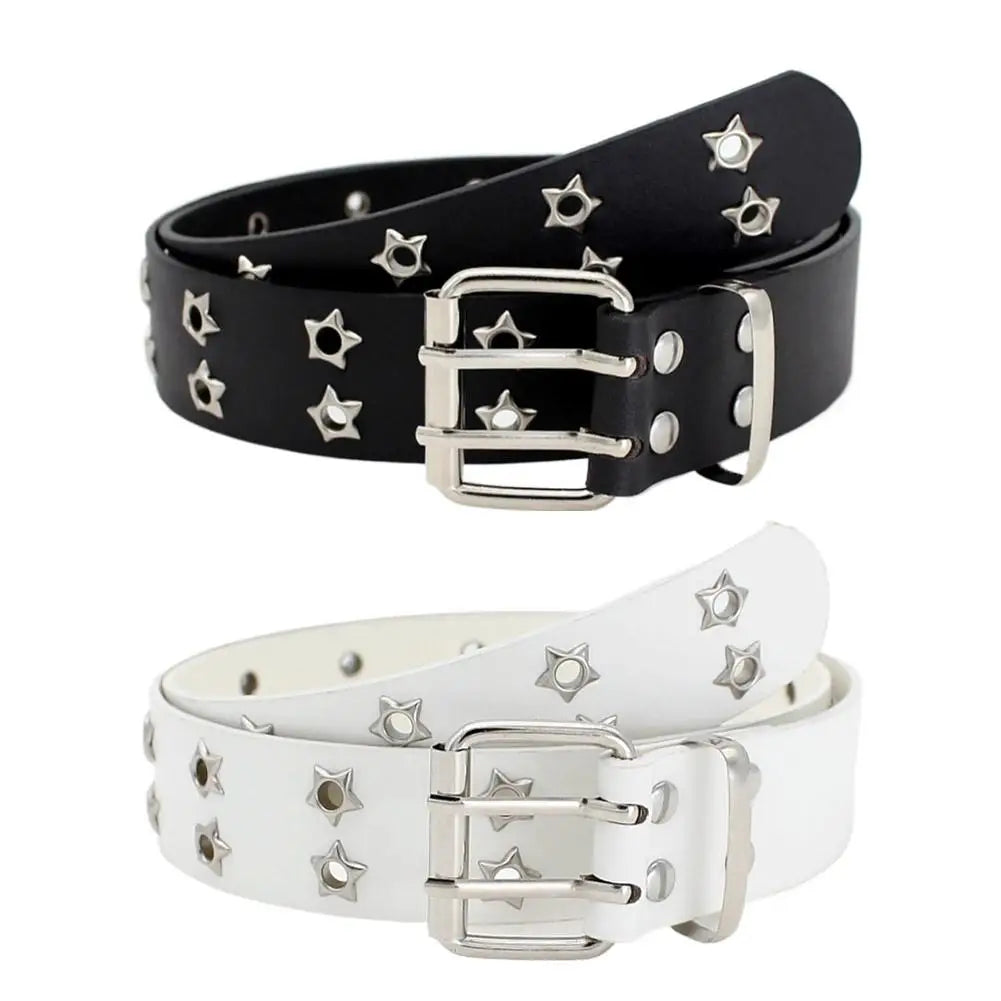 Y2K Punk Rivet Leather Belts  Star PU Black White Waist Strap Double Row Hollow For Jeans Skirt Decor Gothic Waistband