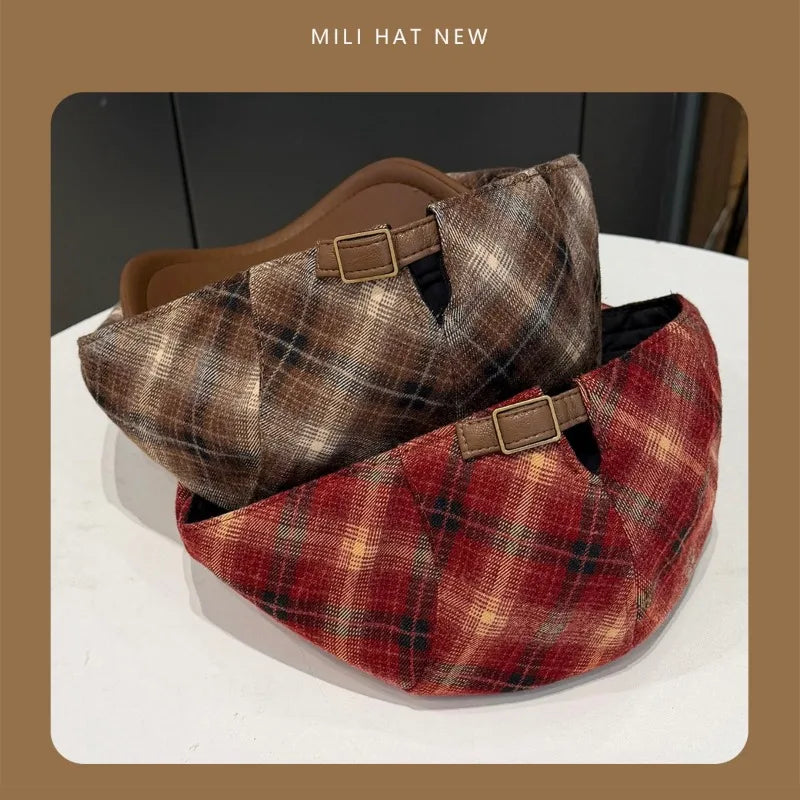 Classic Contrast Plaid Stitching PU Leather Brim Forward Hats Women Spring Autumn Street Trend Versatile Casual Literary Berets