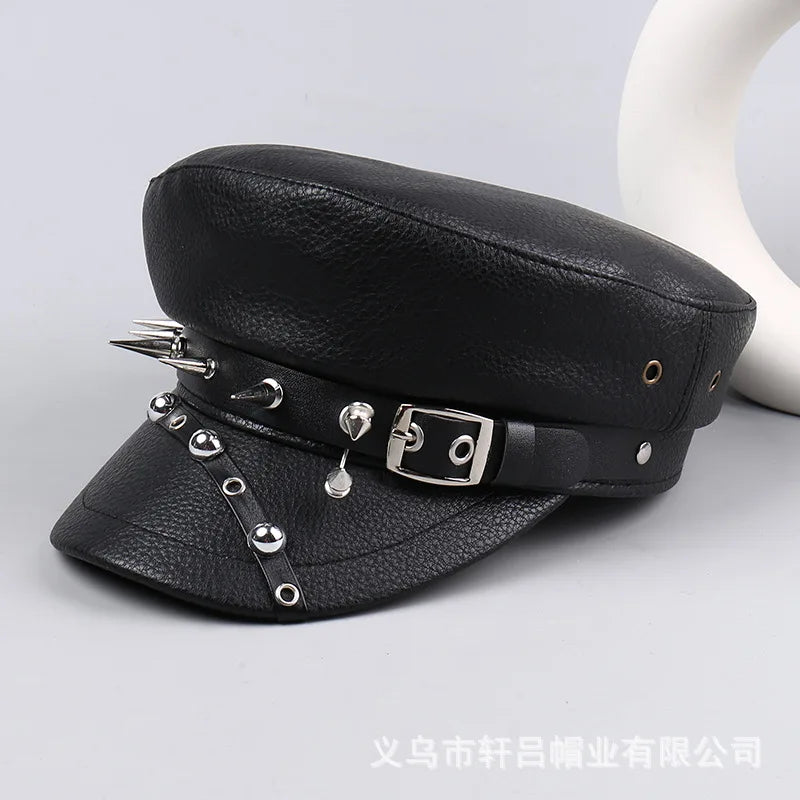 Women's Vintage Leather Beret Hat with Leopard Print Silver Rivets Slimming Face Daily Fashion Caps for Oval Round Face