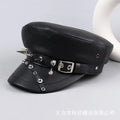 Women's Vintage Leather Beret Hat with Leopard Print Silver Rivets Slimming Face Daily Fashion Caps for Oval Round Face