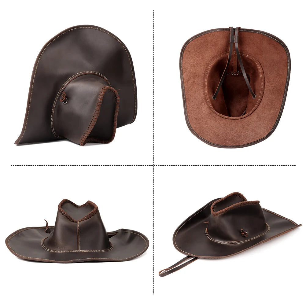 Handcraft Shapeable Western Cowboy Hat Crazy Horse Leather Retro Knight's Cap British Outdoor  Horse Riding Hat Old Style