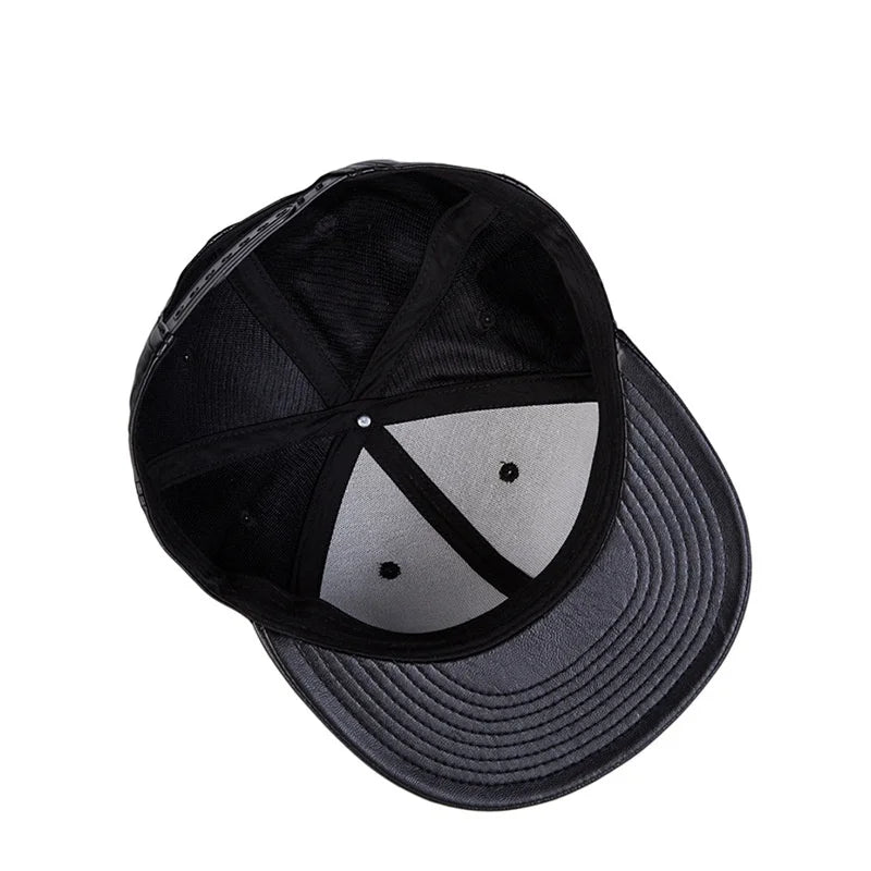 Hip hop hat men's street versatile Black Leather Flat brimmed hat