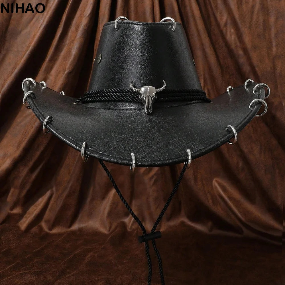 Fashion Wide Brim Western Cowboy Hat Pu Leather Ethnic Style Panama Cap Punk Solid Color Jazz Hat Ladies